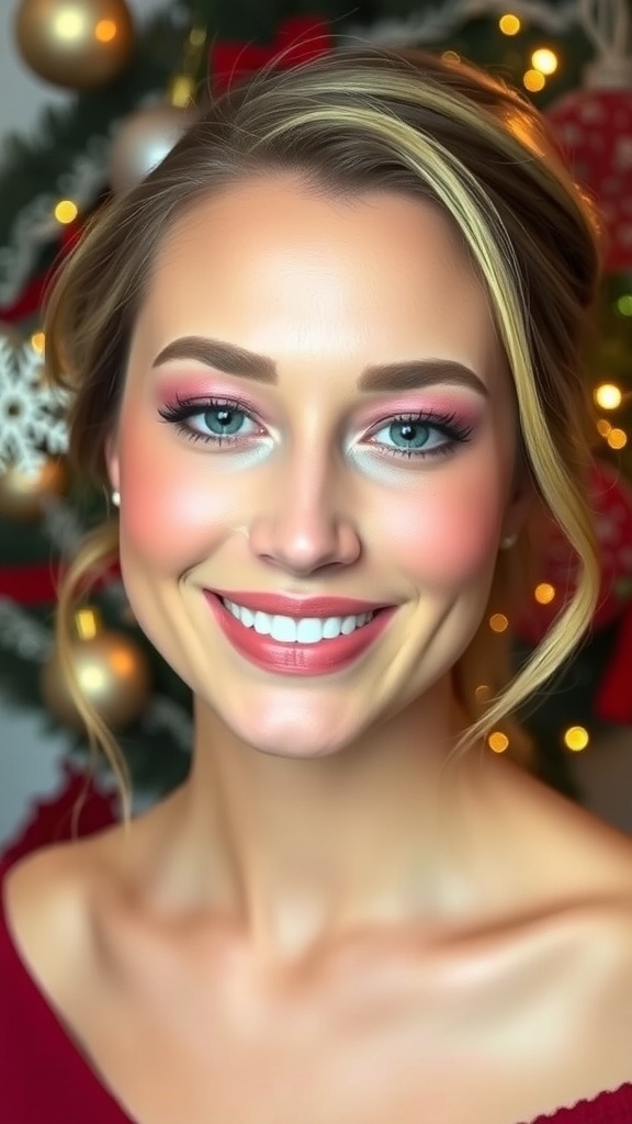 Festive pink Christmas makeup look with soft eyeshadow, blush, and glossy lips.